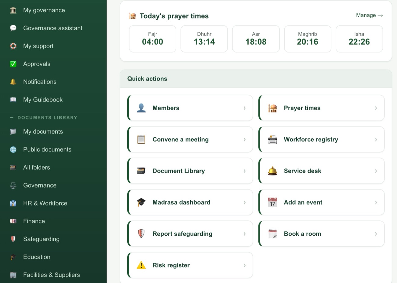 The Masjid Amanah operations view for trustees and staff — prayer times and quick actions for members, meetings, documents, service desk, safeguarding and more, the whole masjid run from one place