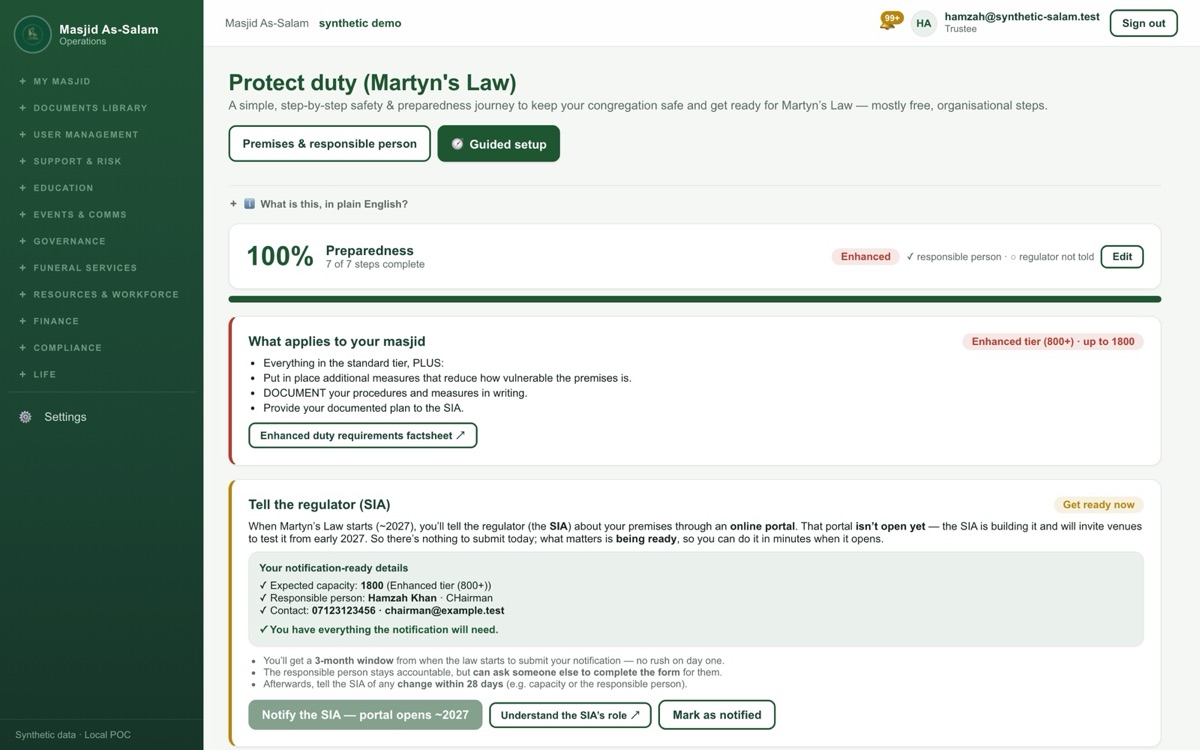 The Masjid Amanah Safety and Preparedness tool guiding a masjid through Martyn's Law