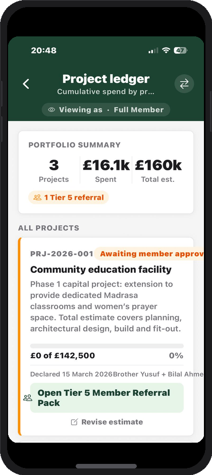 Masjid Amanah member app project ledger view
